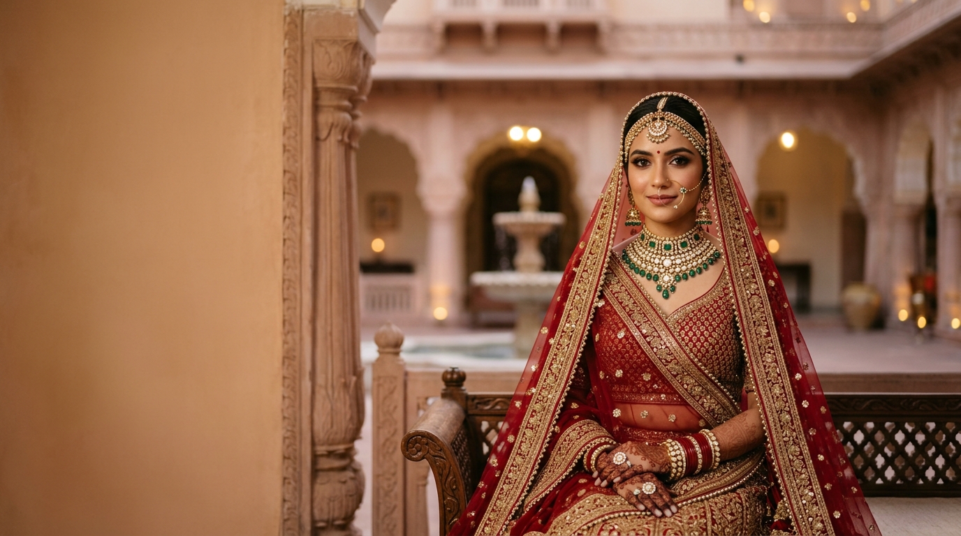 Royal Indian Bride in Auspicious Red Lehenga & Emerald Polki Jewelry